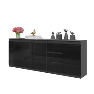 MIKEL - Commode 6 Tiroirs et 3 Portes - Armoire de Rangement pour Couloir / Chambre à Coucher - Buffet - Anthracite / Noir Brillant H75cm L200cm P35cm