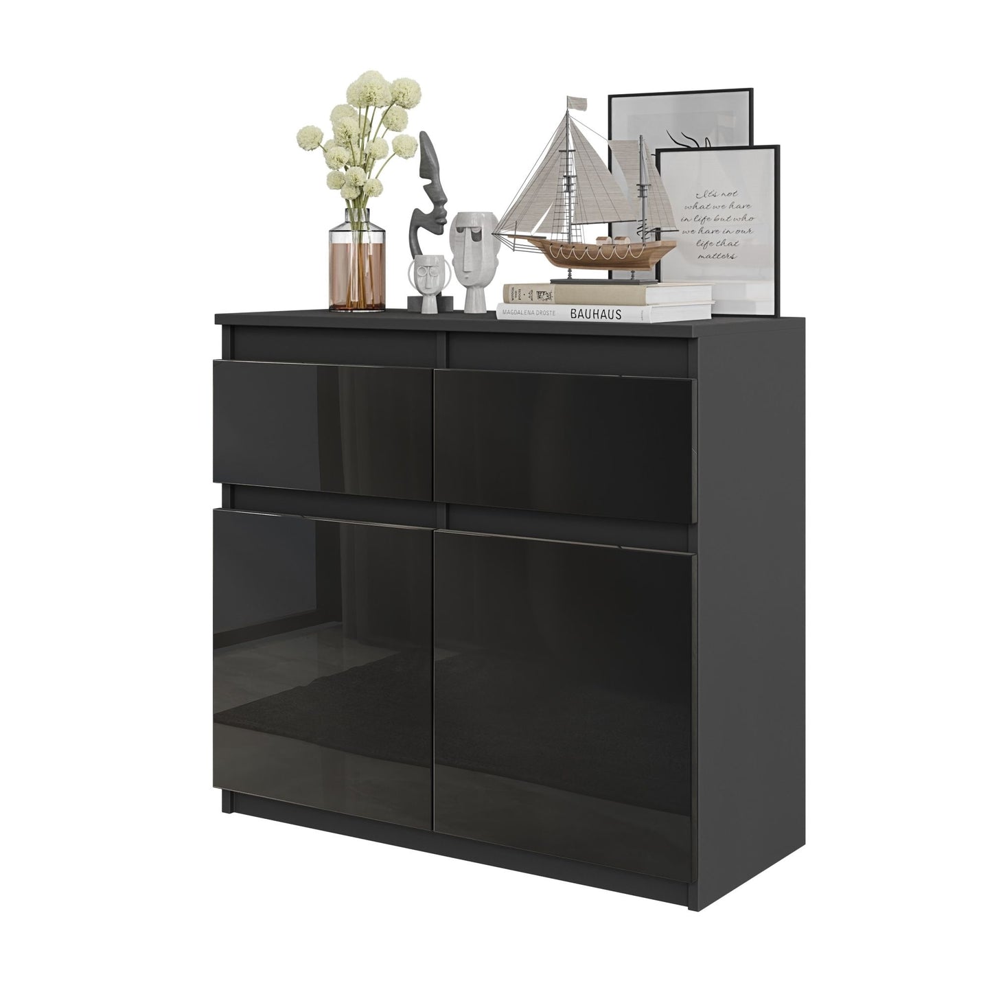 NOAH - Commode 2 Tiroirs et 2 Portes - Meuble de Rangement pour Couloir / Chambre - Buffet - H75cm L80cm P35cm (Anthracite / Noir Brillant)