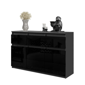NOAH - Commode 3 Tiroirs et 3 Portes - Meuble de Rangement pour Couloir/Chambre - Buffet - H75cm L120cm P35cm (Anthracite/Noir Brillant)