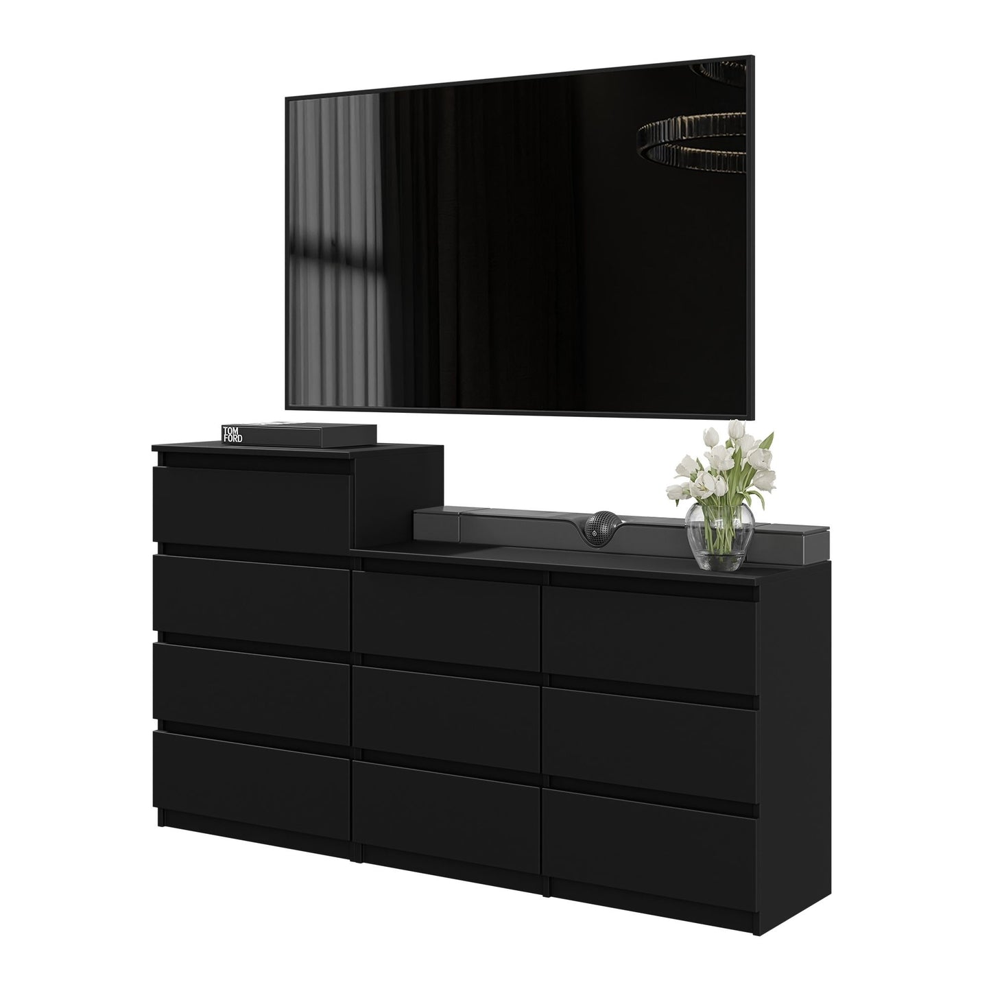 GABRIEL - Commode 10 Tiroirs (6+4) - H92/70 cm L160 cm P33 cm (Noir)