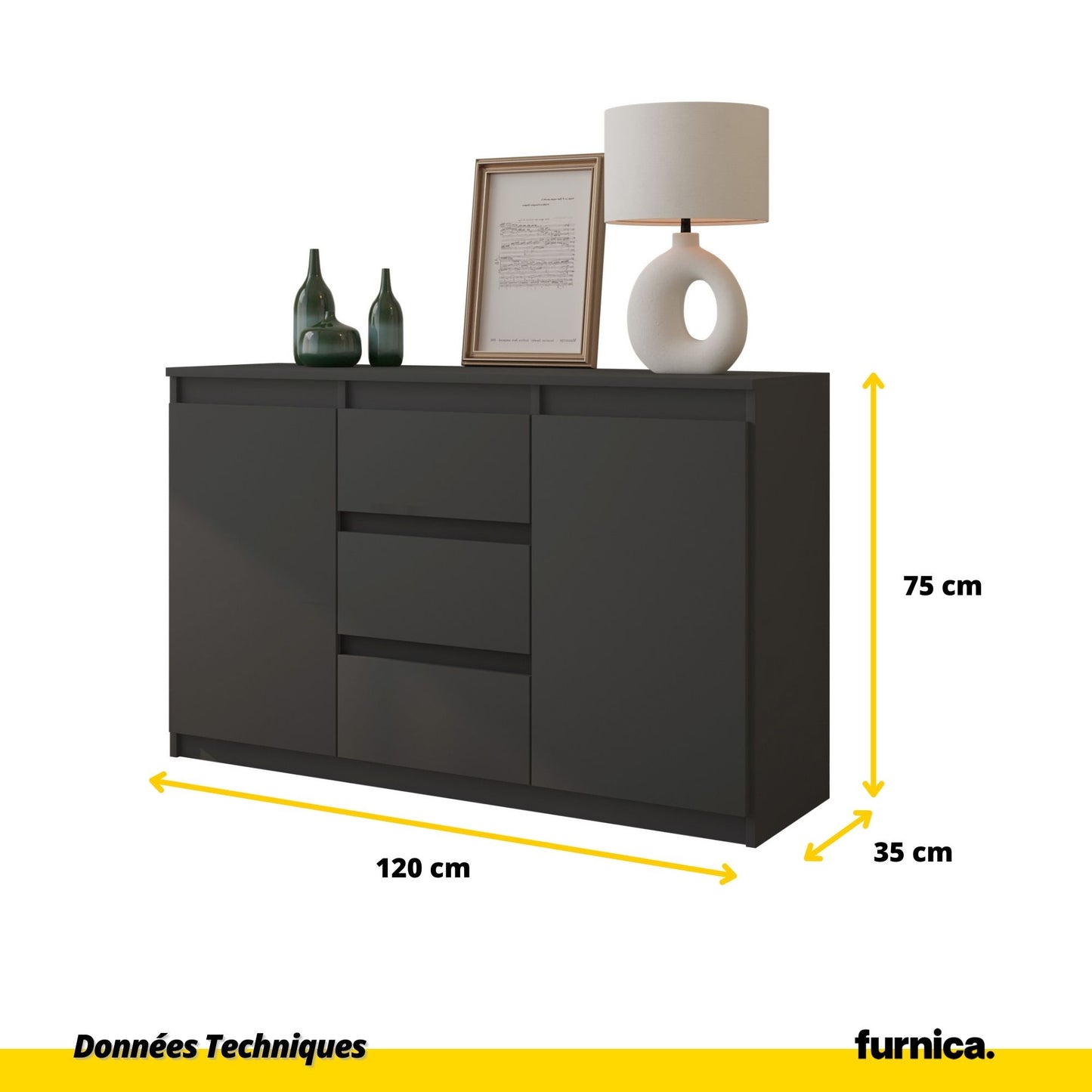 MIKEL - Commode 3 Tiroirs et 2 Portes - Armoire de Rangement pour Couloir/Chambre à Coucher - Buffet - H75cm L120cm P35cm (Anthracite)