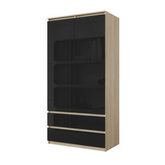 JOELLE - Armoire 2 Portes avec 2 Tiroirs - Chêne Sonoma / Noir Brillant H180cm L90cm P50cm