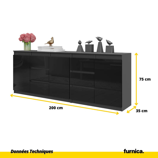 MIKEL - Commode 6 Tiroirs et 3 Portes - Armoire de Rangement pour Couloir / Chambre à Coucher - Buffet - Anthracite / Noir Brillant H75cm L200cm P35cm