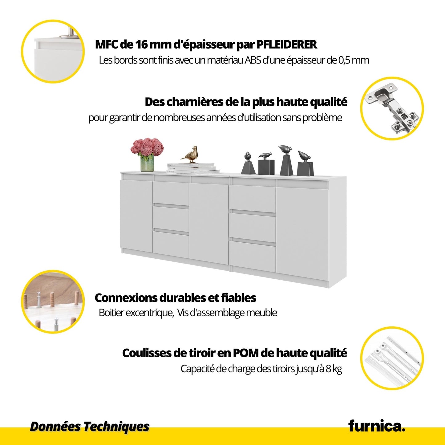 MIKEL - Commode 6 Tiroirs et 3 Portes - Armoire de Rangement pour Couloir / Chambre à Coucher - Buffet - Anthracite H75cm L200cm P35cm