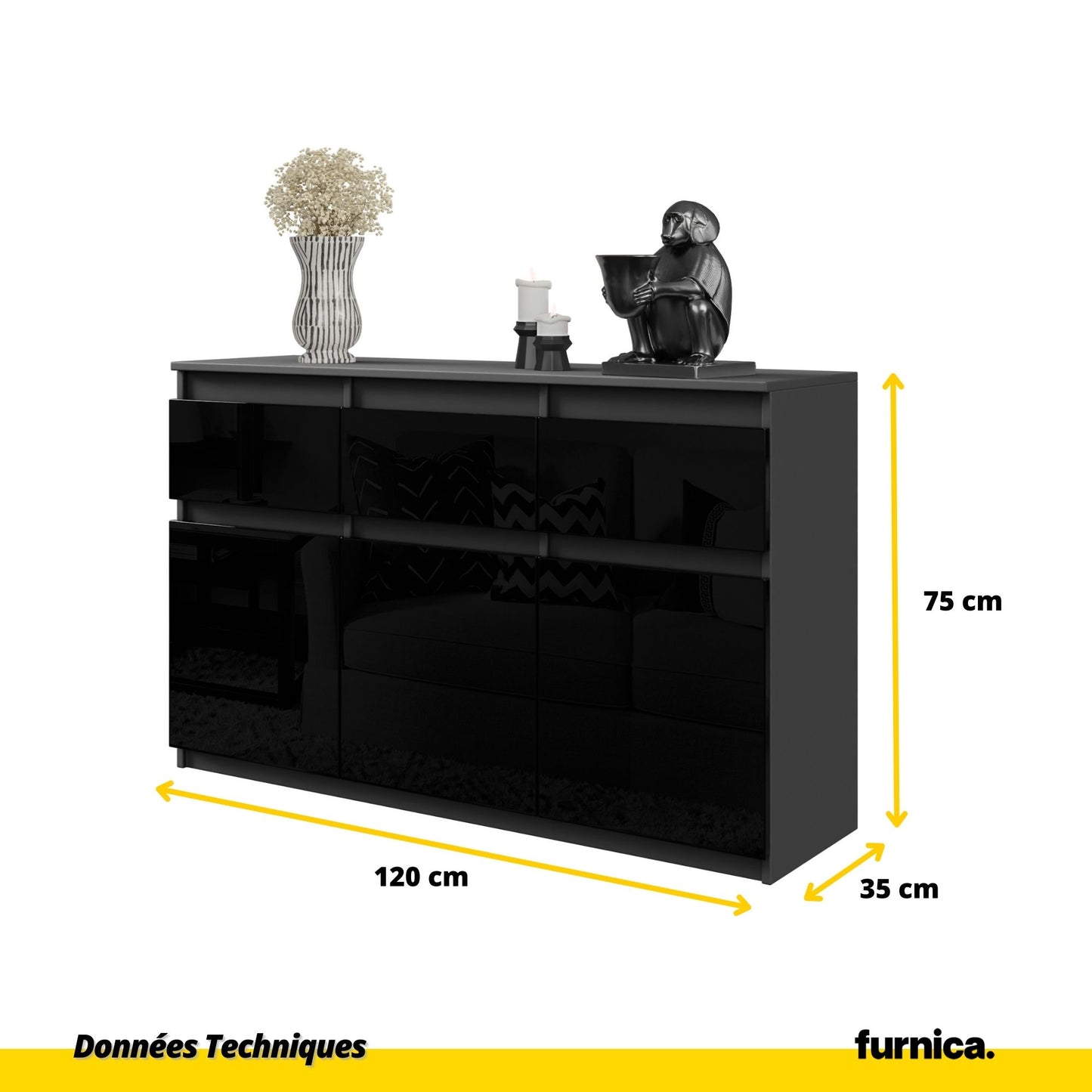 NOAH - Commode 3 Tiroirs et 3 Portes - Meuble de Rangement pour Couloir/Chambre - Buffet - H75cm L120cm P35cm (Anthracite/Noir Brillant)