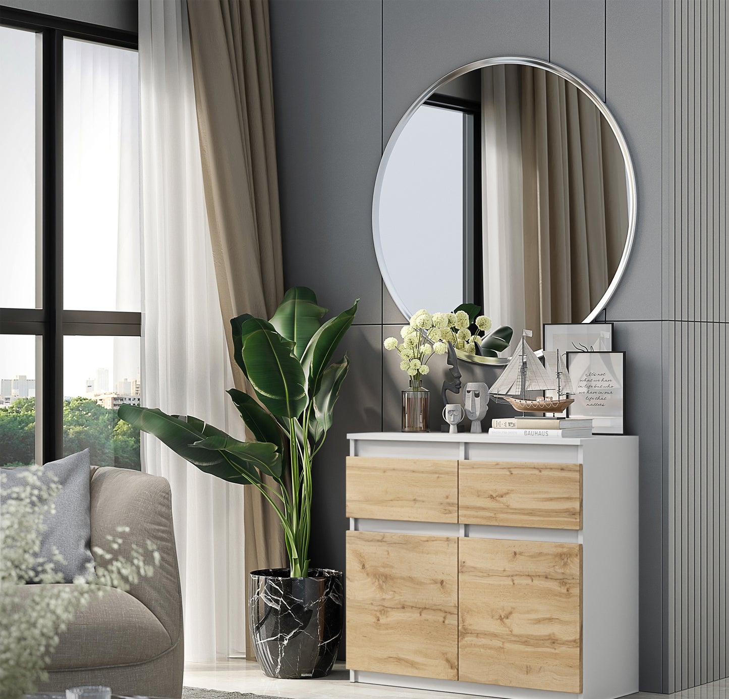 NOAH - Commode 2 Tiroirs et 2 Portes - Meuble de Rangement pour Couloir/Chambre - Buffet - H75cm L80cm P35cm (Blanc/Chêne Wotan)