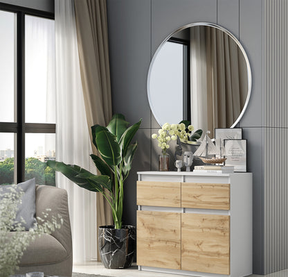 NOAH - Commode 2 Tiroirs et 2 Portes - Meuble de Rangement pour Couloir/Chambre - Buffet - H75cm L80cm P35cm (Blanc/Chêne Wotan)