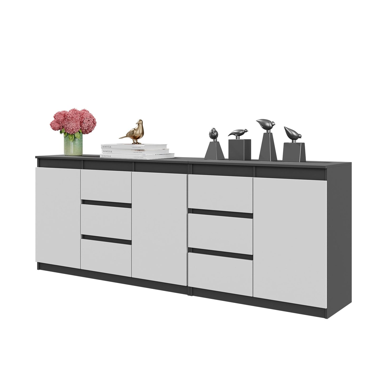 MIKEL - Commode 6 Tiroirs et 3 Portes - Armoire de Rangement pour Couloir / Chambre à Coucher - Buffet - Anthracite / Blanc Matt H75cm L200cm P35cm
