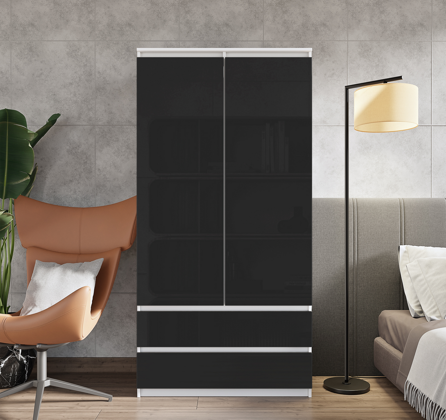 JOELLE - Armoire 2 Portes avec 2 Tiroirs - Blanc Matt / Noir Brillant H180cm L90cm P50cm