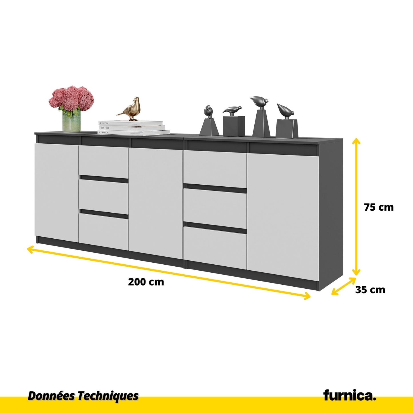 MIKEL - Commode 6 Tiroirs et 3 Portes - Armoire de Rangement pour Couloir / Chambre à Coucher - Buffet - Anthracite / Blanc Matt H75cm L200cm P35cm