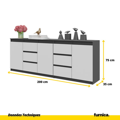 MIKEL - Commode 6 Tiroirs et 3 Portes - Armoire de Rangement pour Couloir / Chambre à Coucher - Buffet - Anthracite / Blanc Matt H75cm L200cm P35cm