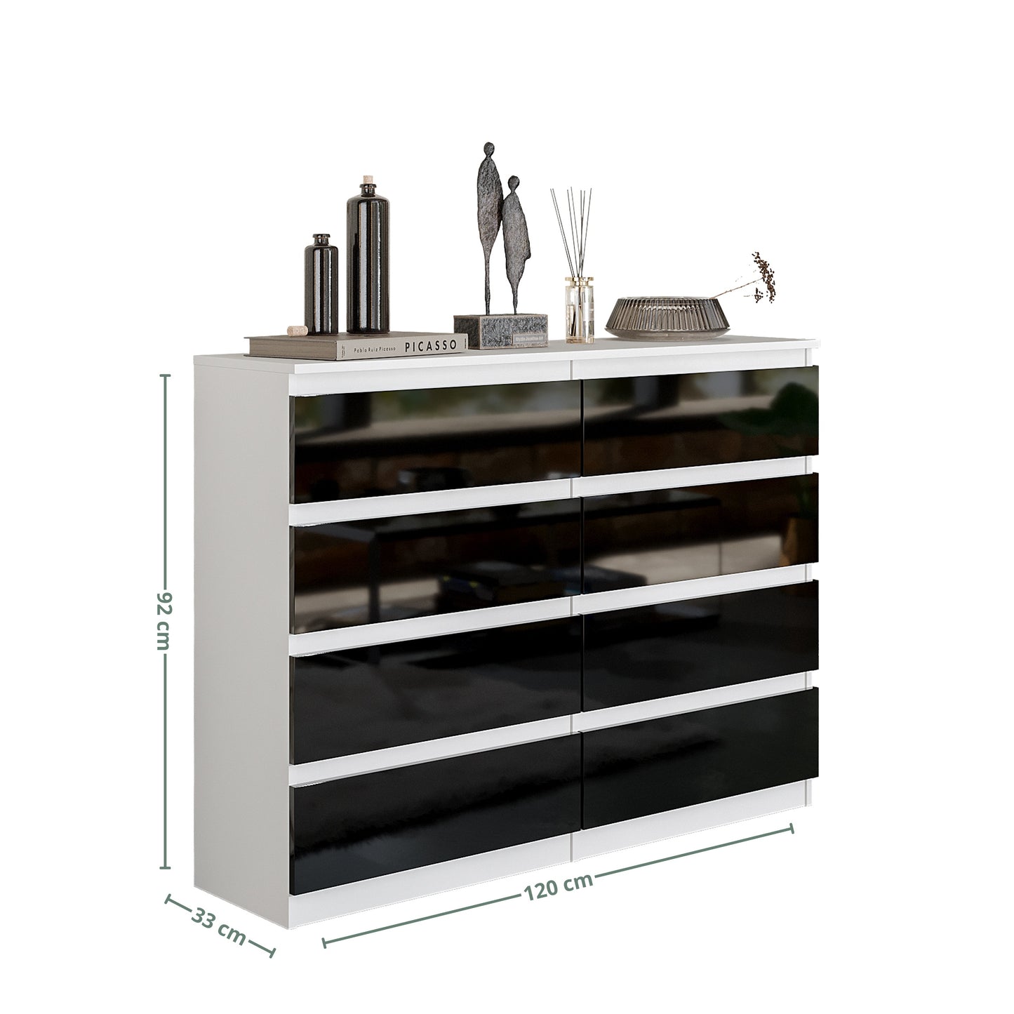GABRIEL - Commode 8 Tiroirs - Buffet de Chevet - H92 cm L120 cm P33 cm (Blanc / Noir Brillant)