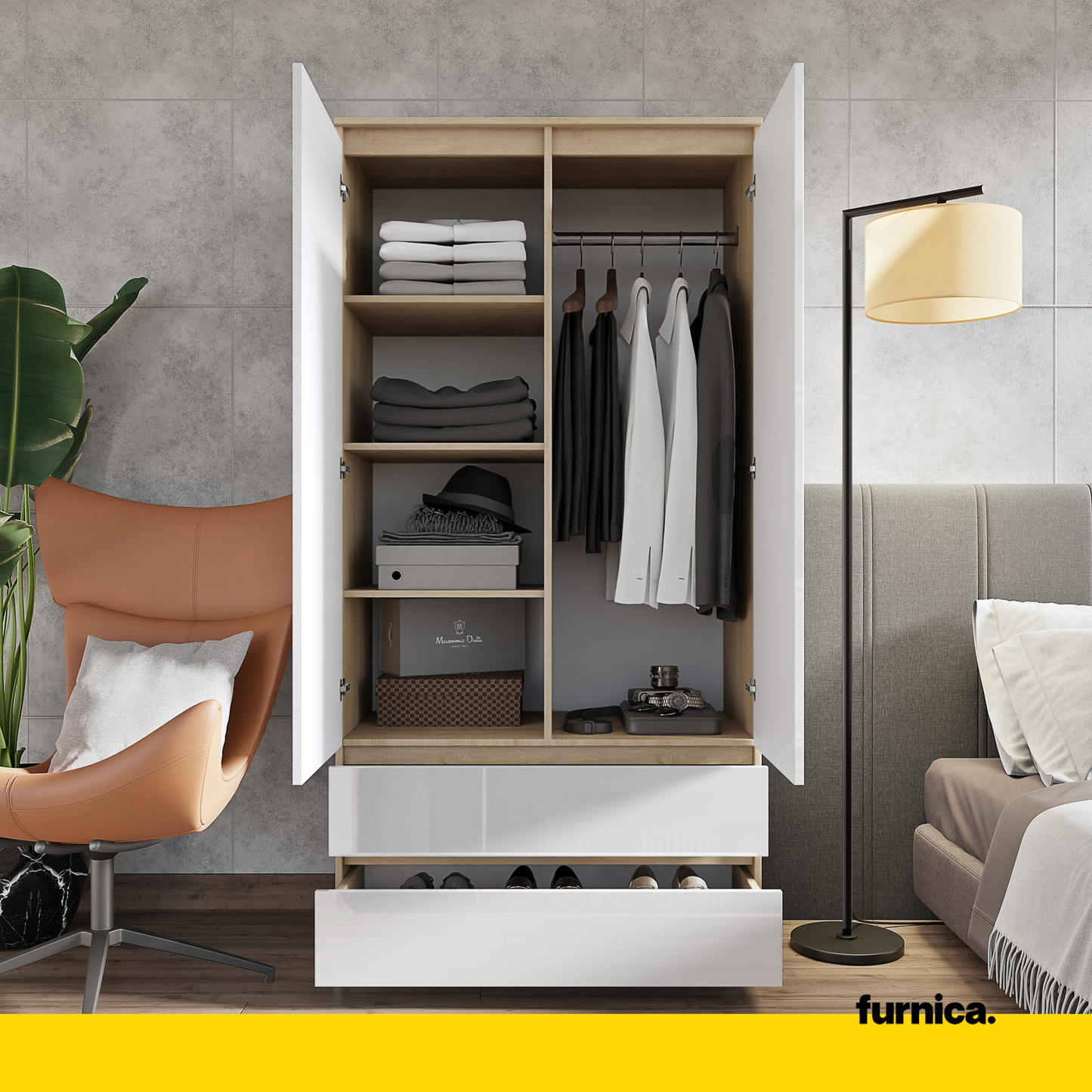 JOELLE - Armoire 2 Portes avec 2 Tiroirs - Chêne Sonoma / Blanc Brillant H180cm L90cm P50cm