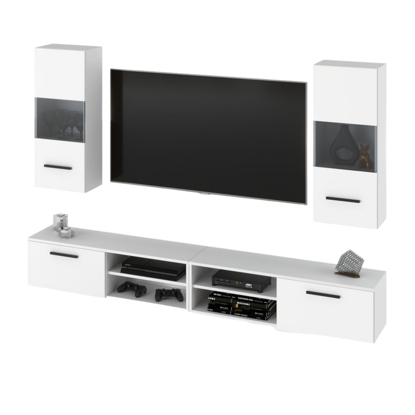 MIRANDA - Meuble TV Suspendu - 4 Armoires - Blanc Matt