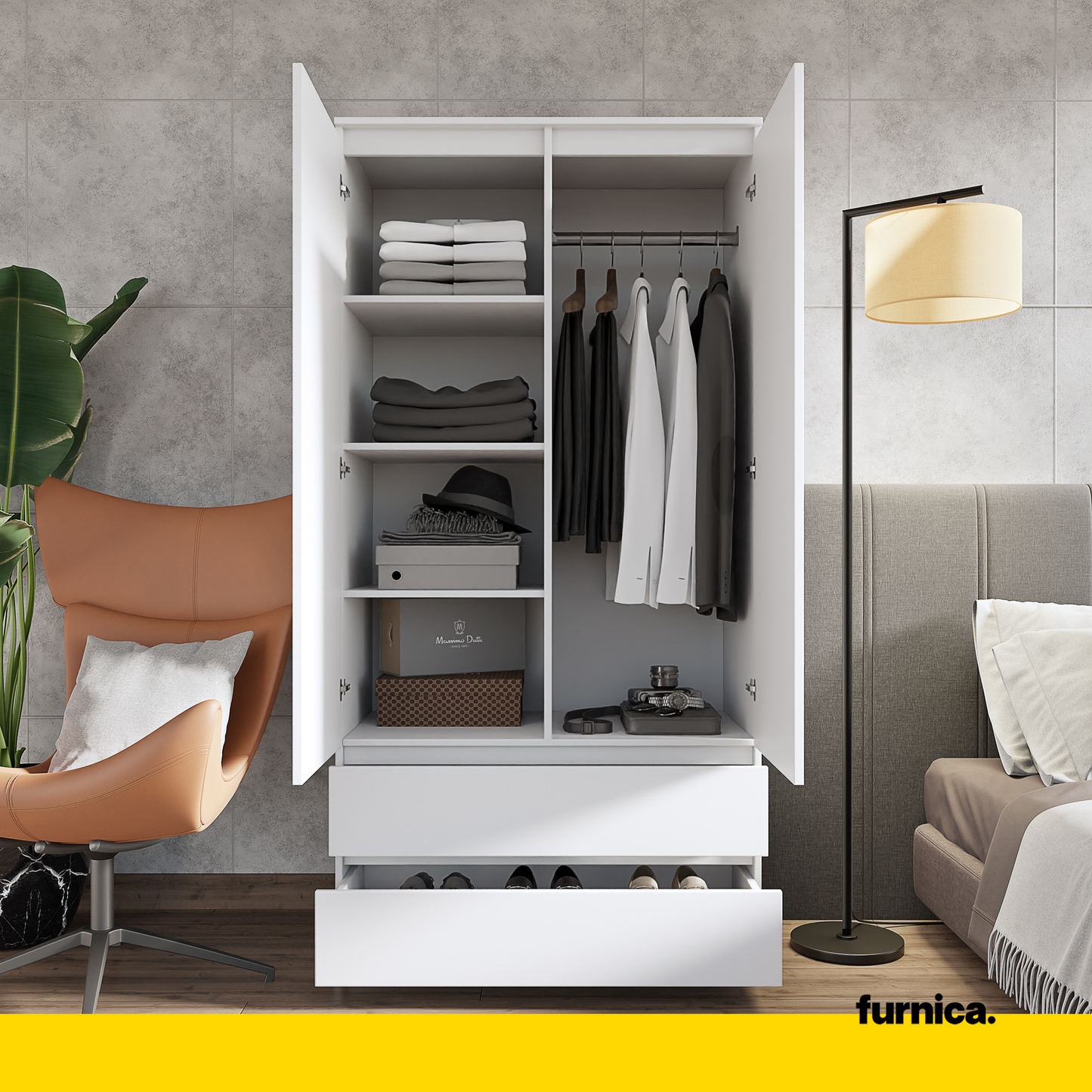 JOELLE - Armoire 2 Portes avec 2 Tiroirs - Blanc Matt H180cm L90cm P50cm