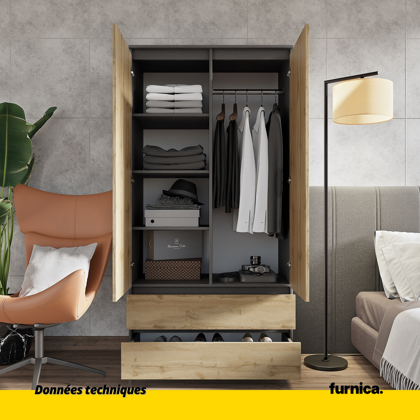 JOELLE - Armoire 2 Portes avec 2 Tiroirs - Anthracite / Chêne Wotan H180cm L90cm P50cm