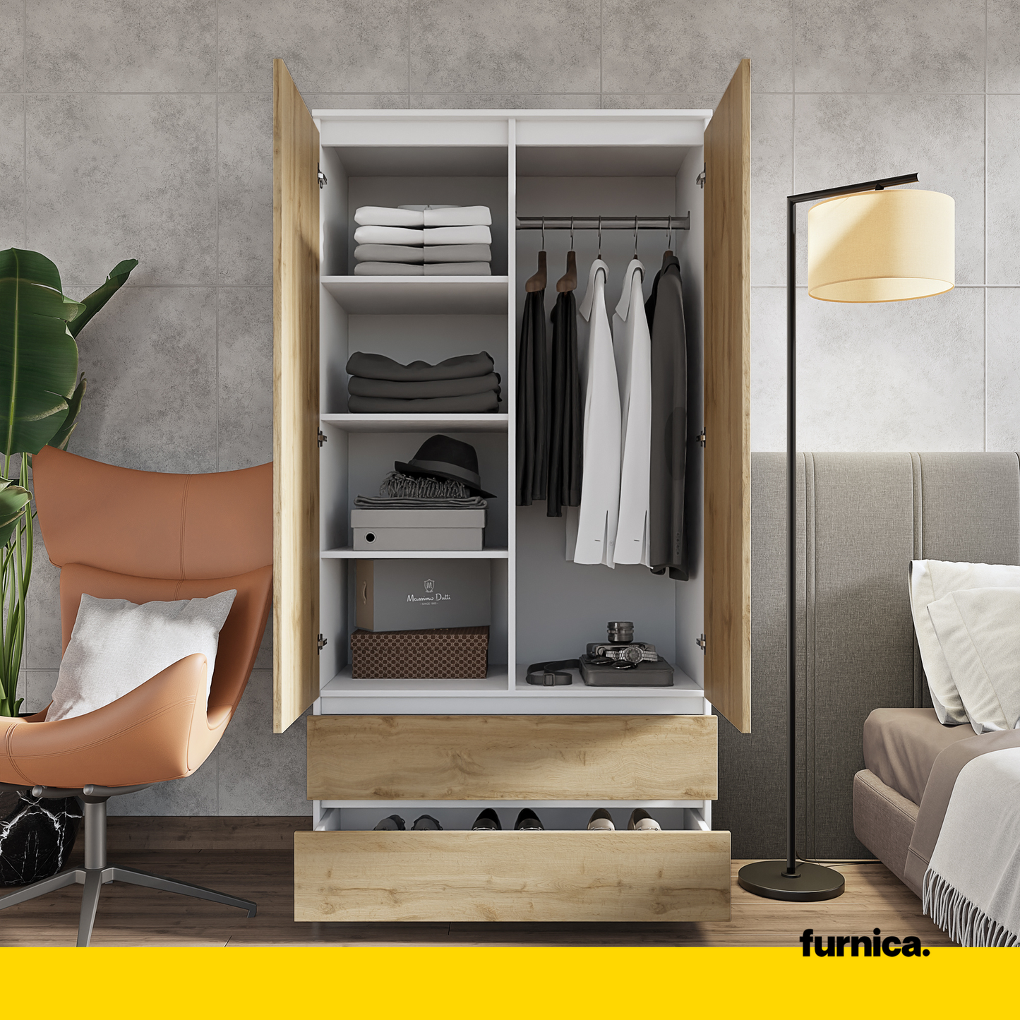 JOELLE - Armoire 2 Portes avec 2 Tiroirs - Blanc Matt / Chêne Wotan H180cm L90cm P50cm