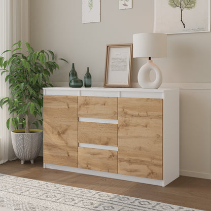 MIKEL - Commode 3 Tiroirs et 2 Portes - Armoire de Rangement pour Couloir/Chambre à Coucher - Buffet - H75cm L120cm P35cm (Blanc/Chêne Wotan)