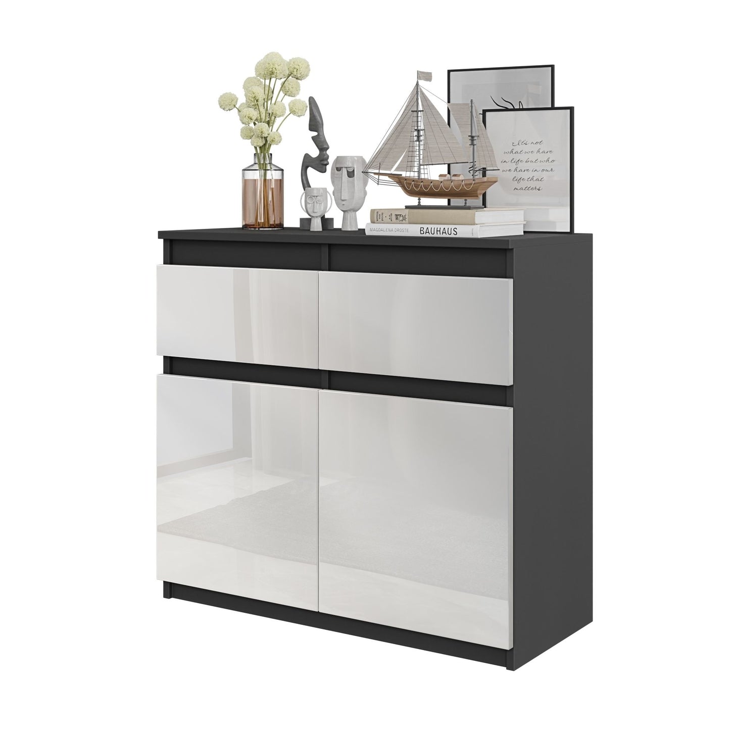 NOAH - Commode 2 Tiroirs et 2 Portes - Meuble de Rangement pour Couloir / Chambre - Buffet - H75cm L80cm P35cm (Anthracite / Blanc Brillant)