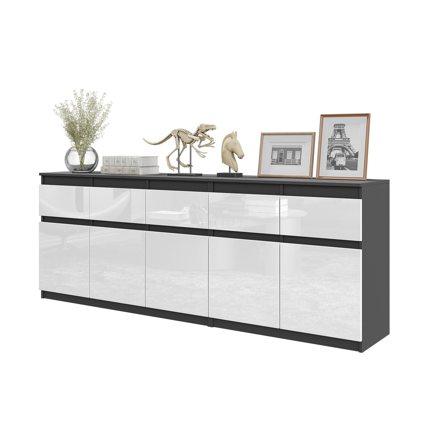 NOAH - Commode 5 Tiroirs et 5 Portes - Armoire de Rangement pour Couloir / Chambre à Coucher - Buffet - Anthracite / Blanc Brillant H75cm L200cm P35cm