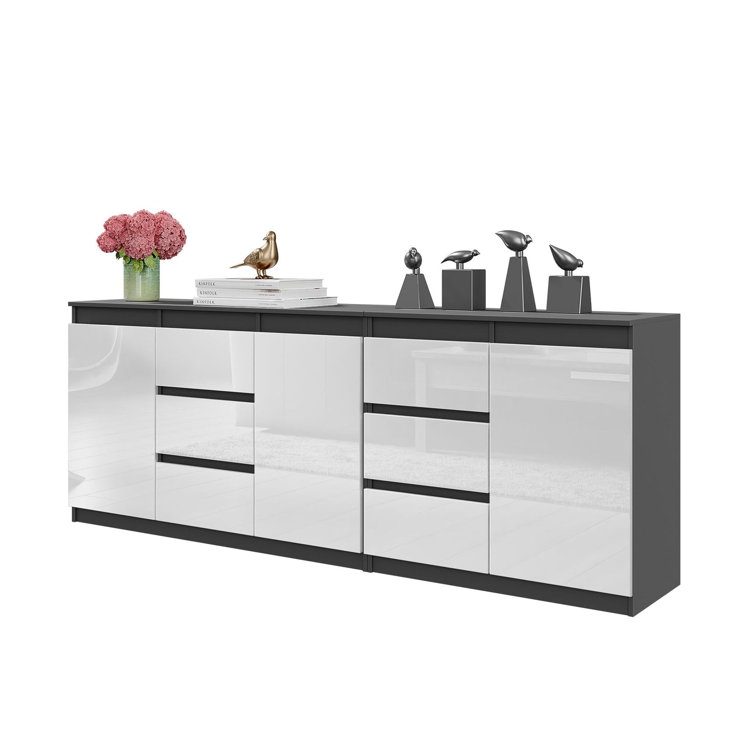 MIKEL - Commode 6 Tiroirs et 3 Portes - Armoire de Rangement pour Couloir / Chambre à Coucher - Buffet - Anthracite / Blanc Brillant H75cm L200cm P35cm