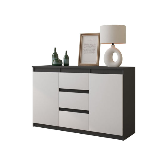 MIKEL - Commode 3 Tiroirs et 2 Portes - Armoire de Rangement pour Couloir/Chambre à Coucher - Buffet - H75cm L120cm P35cm (Anthracite/Blanc)