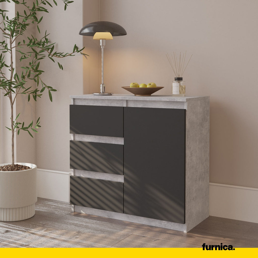 MIKEL - Commode 3 Tiroirs et 1 Porte - Armoire de Rangement pour Couloir/Chambre à Coucher - Buffet - H75cm L80cm P35cm (Béton/Anthracite)