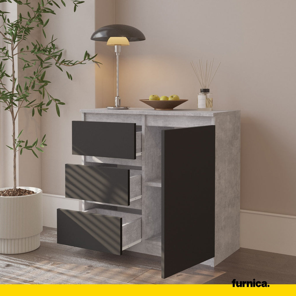 MIKEL - Commode 3 Tiroirs et 1 Porte - Armoire de Rangement pour Couloir/Chambre à Coucher - Buffet - H75cm L80cm P35cm (Béton/Anthracite)