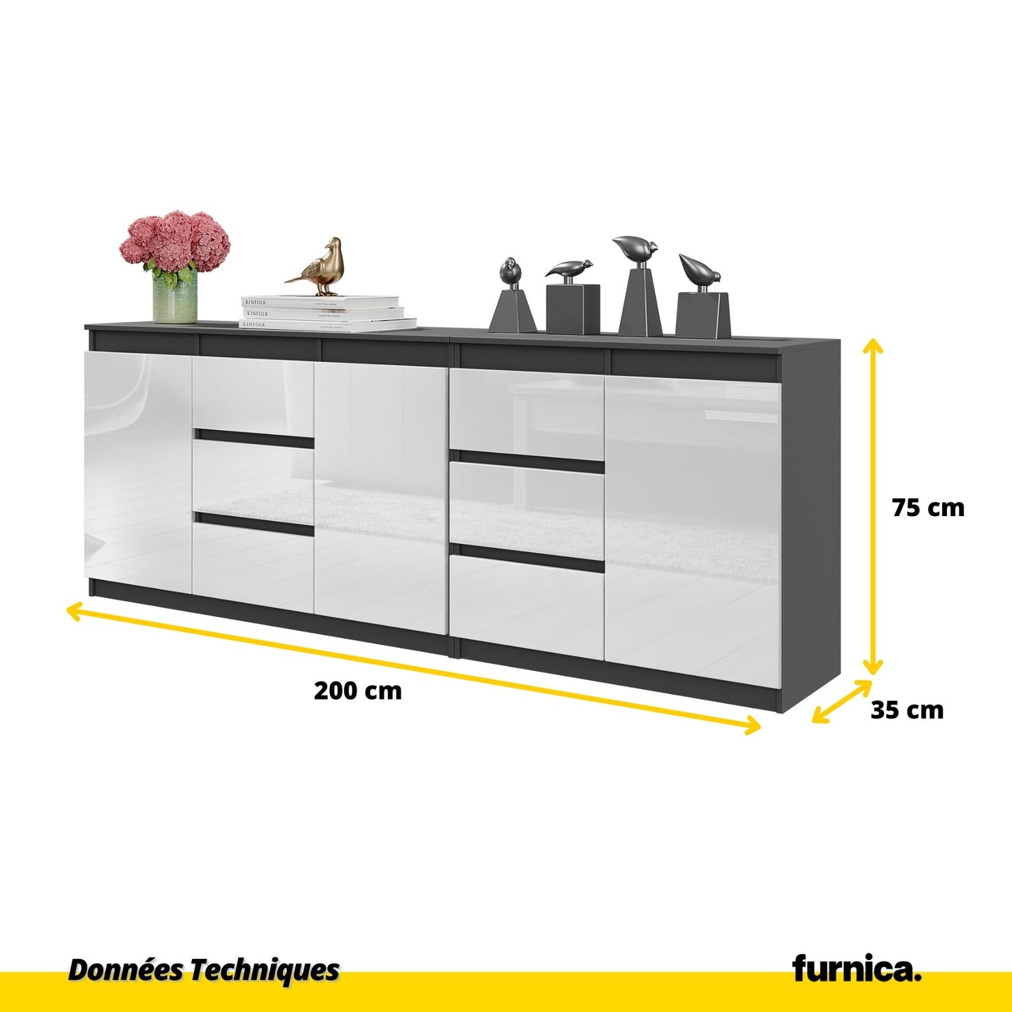 MIKEL - Commode 6 Tiroirs et 3 Portes - Armoire de Rangement pour Couloir / Chambre à Coucher - Buffet - Anthracite / Blanc Brillant H75cm L200cm P35cm