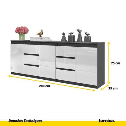 MIKEL - Commode 6 Tiroirs et 3 Portes - Armoire de Rangement pour Couloir / Chambre à Coucher - Buffet - Anthracite / Blanc Brillant H75cm L200cm P35cm