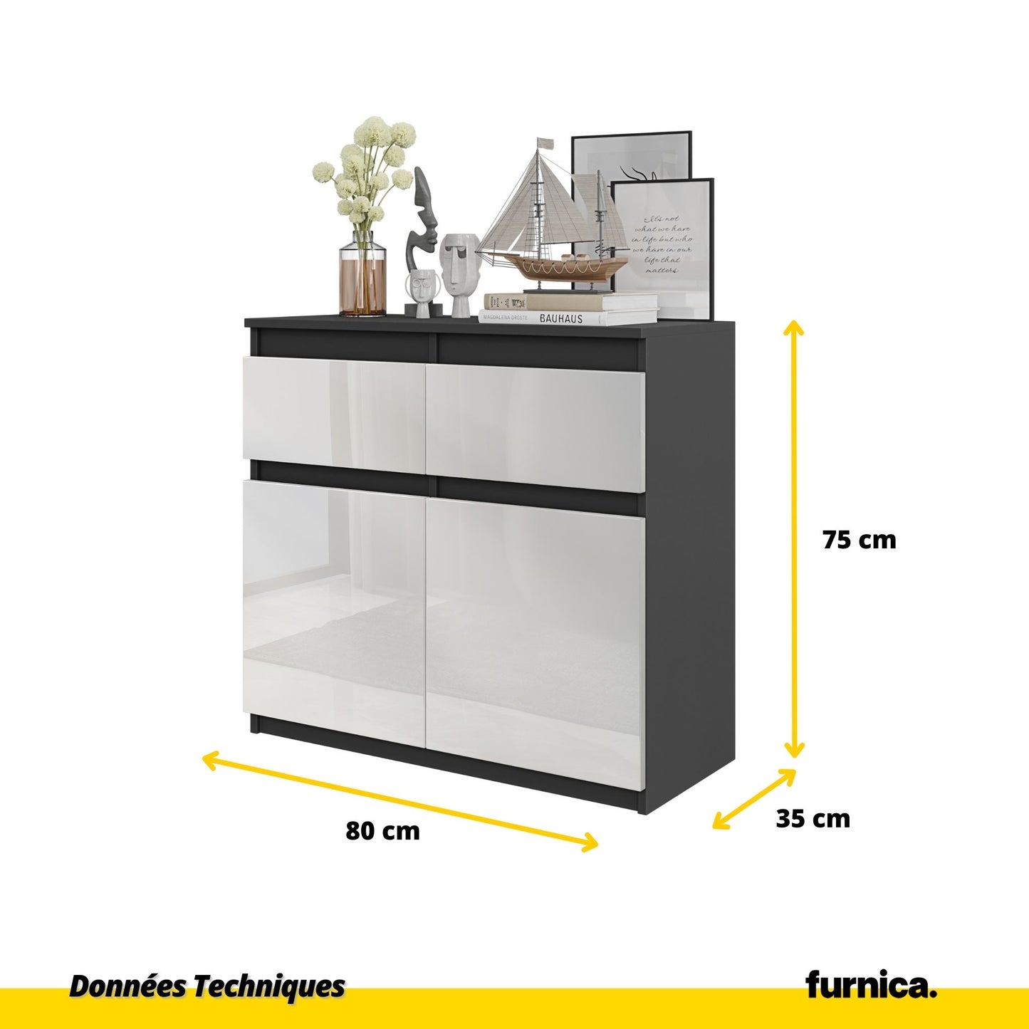 NOAH - Commode 2 Tiroirs et 2 Portes - Meuble de Rangement pour Couloir / Chambre - Buffet - H75cm L80cm P35cm (Anthracite / Blanc Brillant)