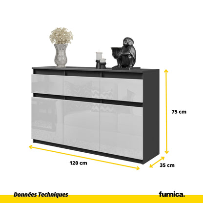 NOAH - Commode 3 Tiroirs et 3 Portes - Meuble de Rangement pour Couloir/Chambre - Buffet - H75cm L120cm P35cm (Anthracite/Blanc Brillant)