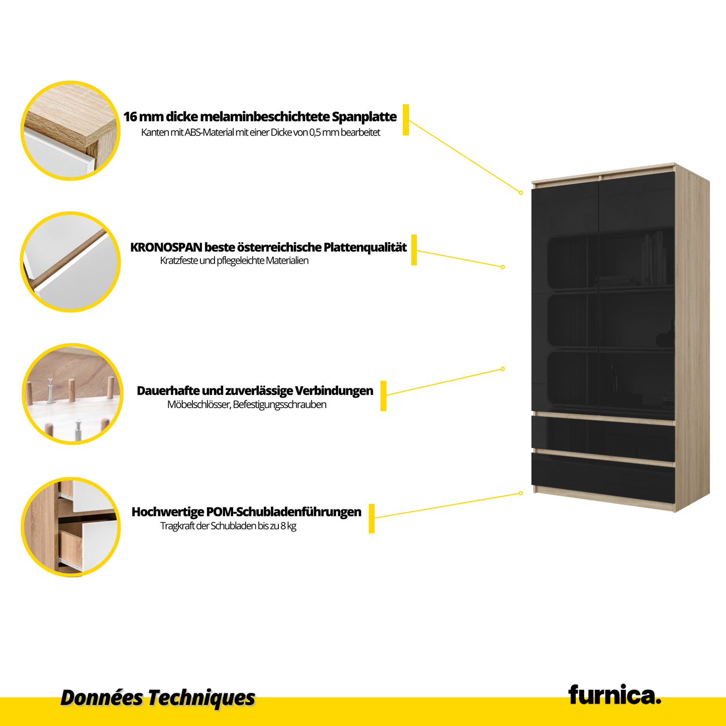 JOELLE - Armoire 2 Portes avec 2 Tiroirs - Chêne Sonoma / Noir Brillant H180cm L90cm P50cm