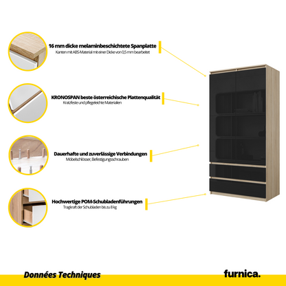 JOELLE - Armoire 2 Portes avec 2 Tiroirs - Chêne Sonoma / Noir Brillant H180cm L90cm P50cm