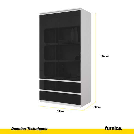 JOELLE - Armoire 2 Portes avec 2 Tiroirs - Blanc Matt / Noir Brillant H180cm L90cm P50cm