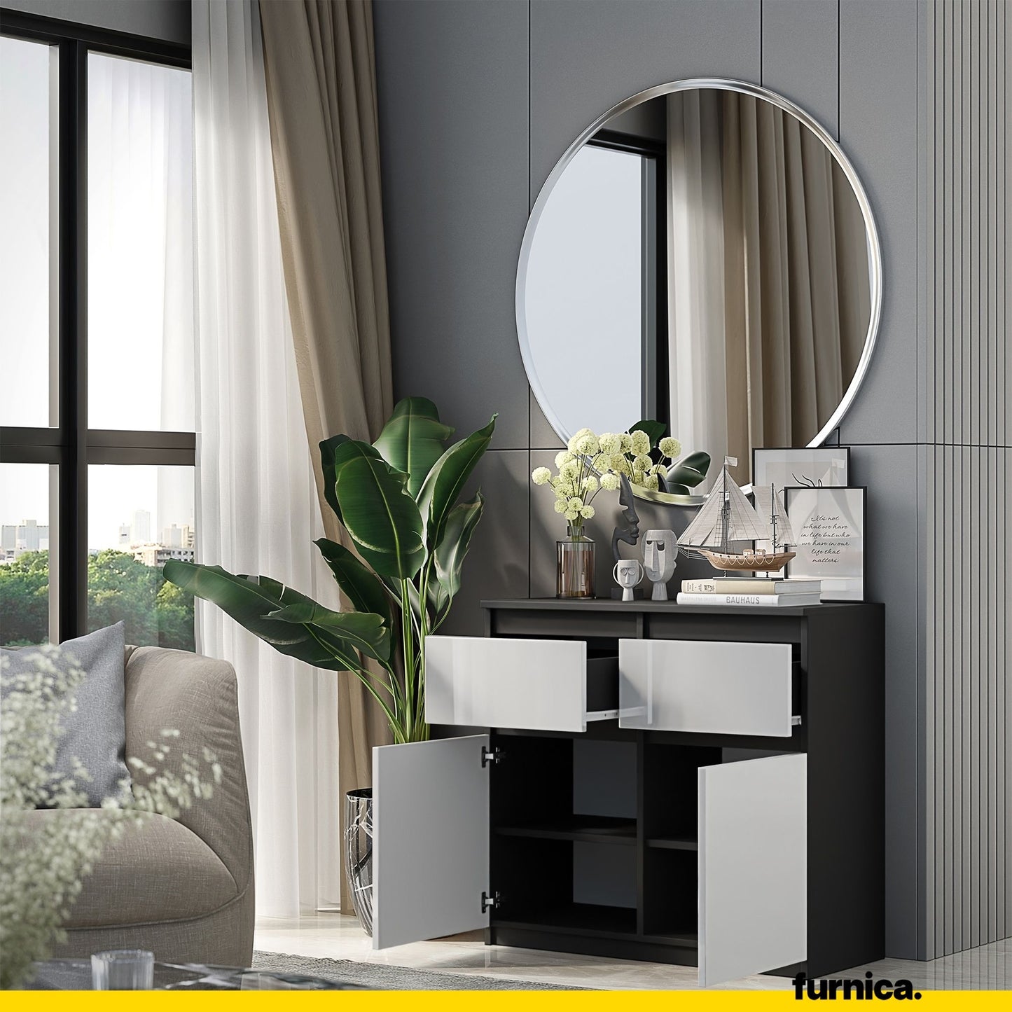 NOAH - Commode 2 Tiroirs et 2 Portes - Meuble de Rangement pour Couloir / Chambre - Buffet - H75cm L80cm P35cm (Anthracite / Blanc Brillant)