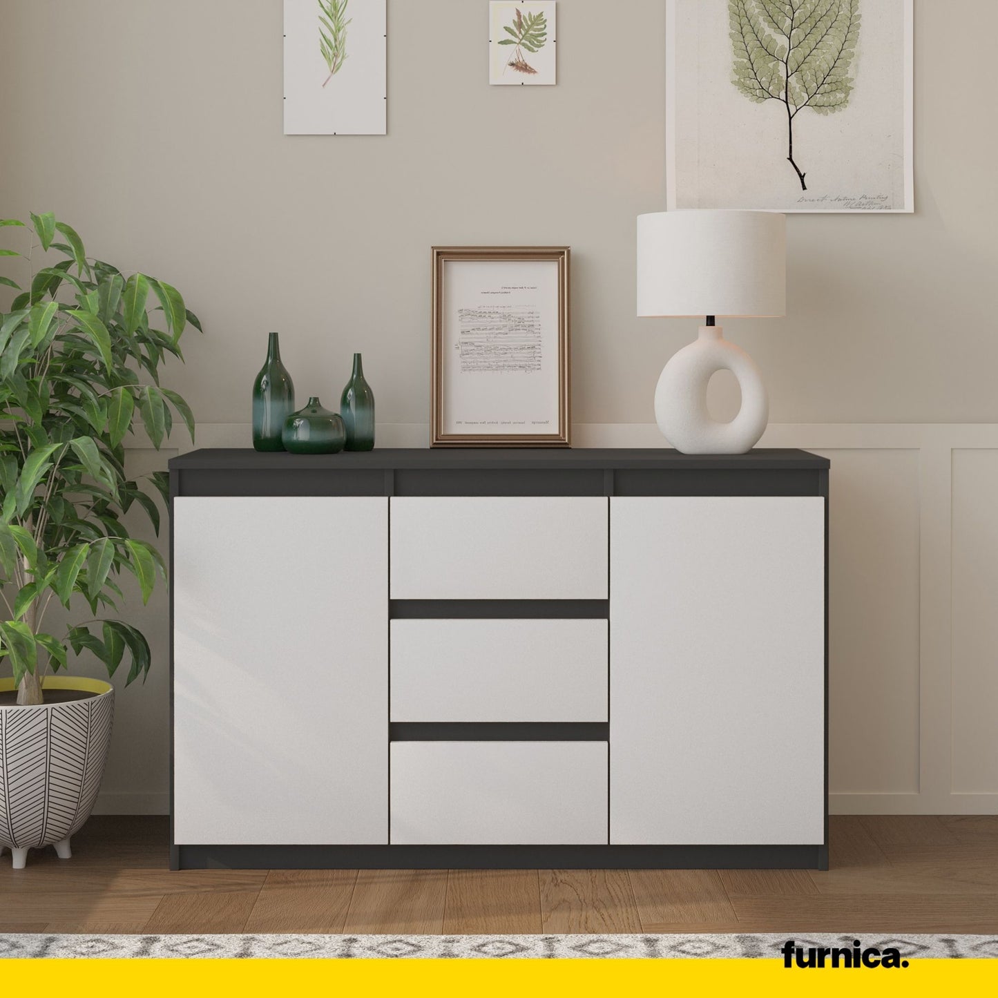 MIKEL - Commode 3 Tiroirs et 2 Portes - Armoire de Rangement pour Couloir/Chambre à Coucher - Buffet - H75cm L120cm P35cm (Anthracite/Blanc)