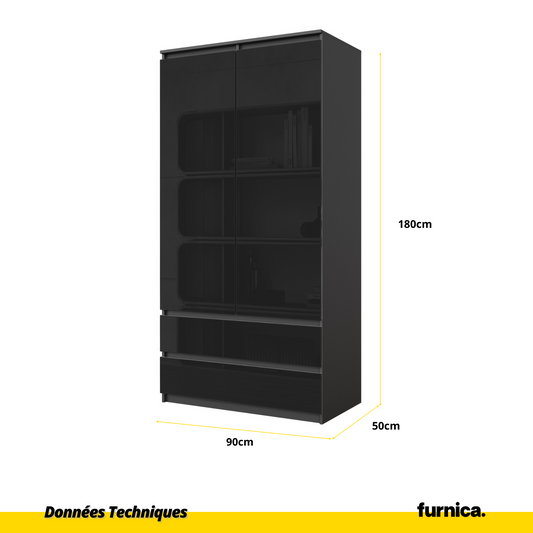 JOELLE - Armoire 2 Portes avec 2 Tiroirs - Anthracite / Noir Brillant H180cm L90cm P50cm