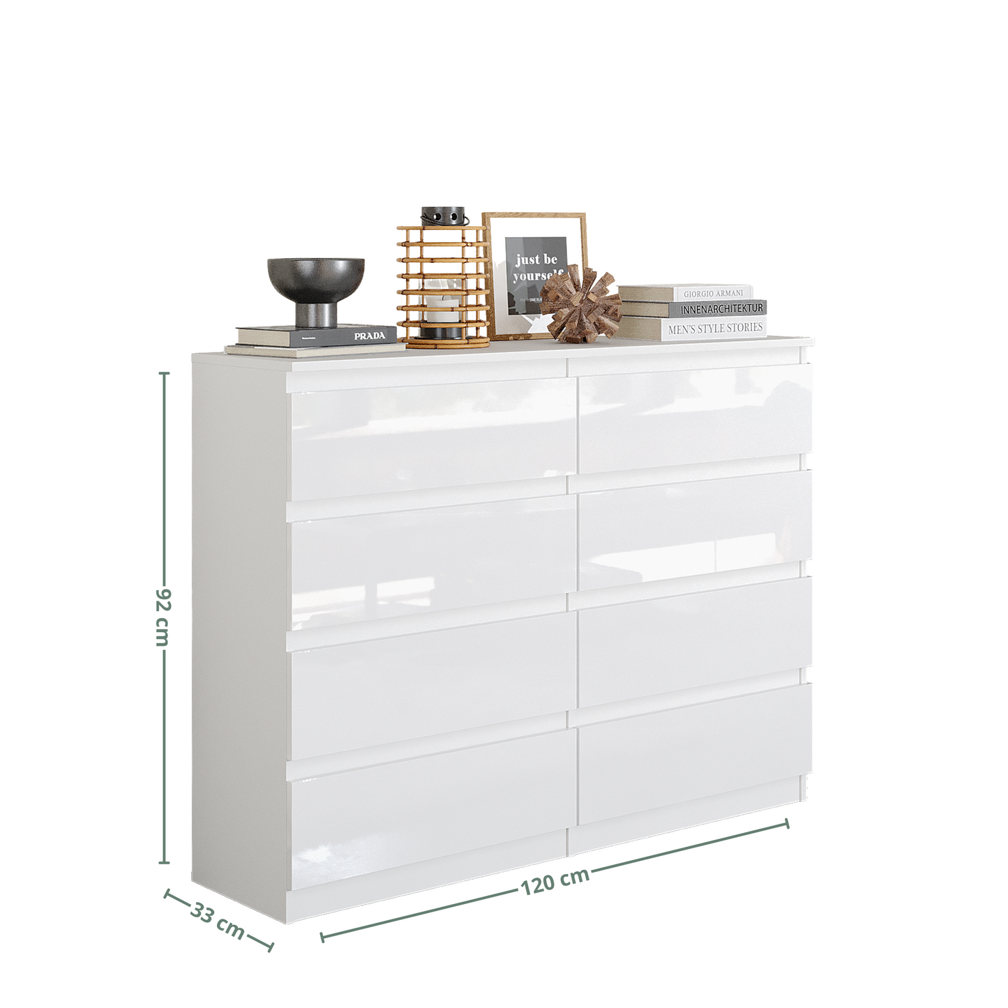 GABRIEL - Commode 8 Tiroirs - Buffet de Chevet - H92 cm L120 cm P33 cm (Blanc Brillant)