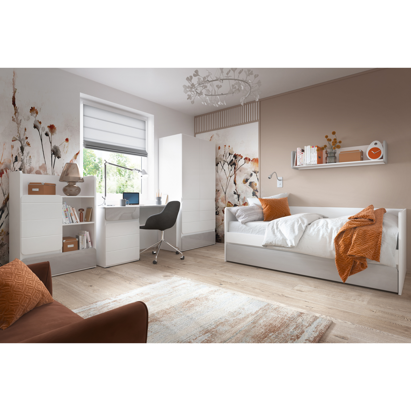 ALBI - Ensemble de Meubles de Chambre pour Jeunes - Blanc Matt / Gris Froid Brillant