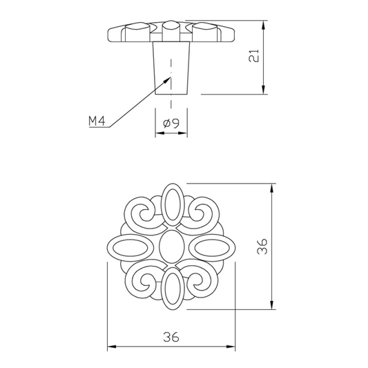Bouton de meuble Vintage - Fleur - 36mm x 45mm - Laiton antique