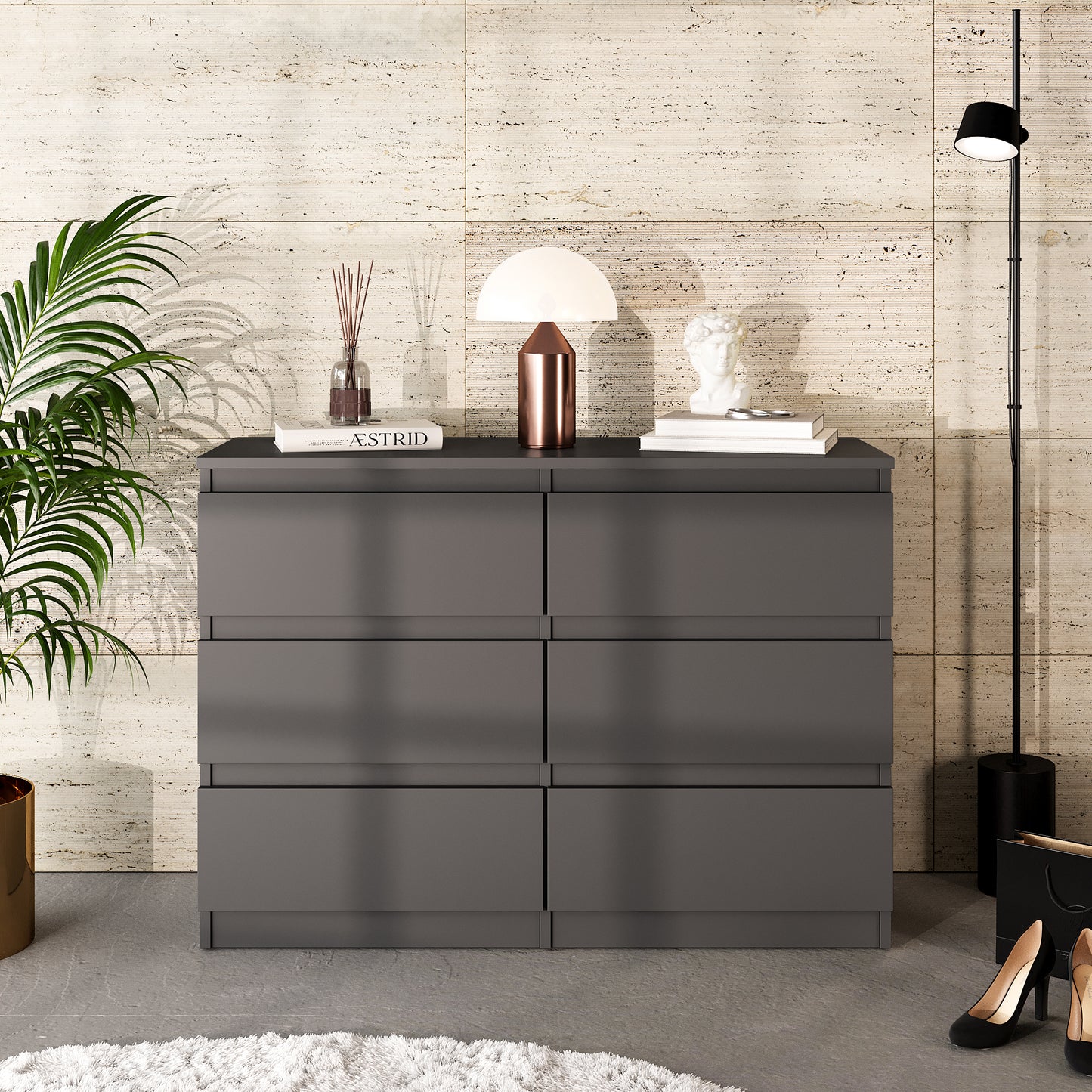 GABRIEL - Commode 6 Tiroirs - Buffet de Chevet - H71 cm L100 cm P33 cm (Anthracite)