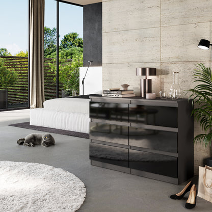 GABRIEL - Commode 6 Tiroirs - Buffet de Chevet - H71 cm L100 cm P33 cm (Anthracite / Noir Brillant)