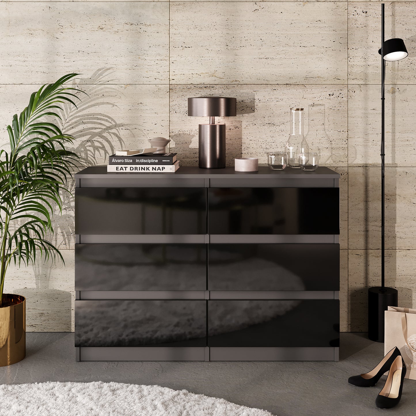 GABRIEL - Commode 6 Tiroirs - Buffet de Chevet - H71 cm L100 cm P33 cm (Anthracite / Noir Brillant)
