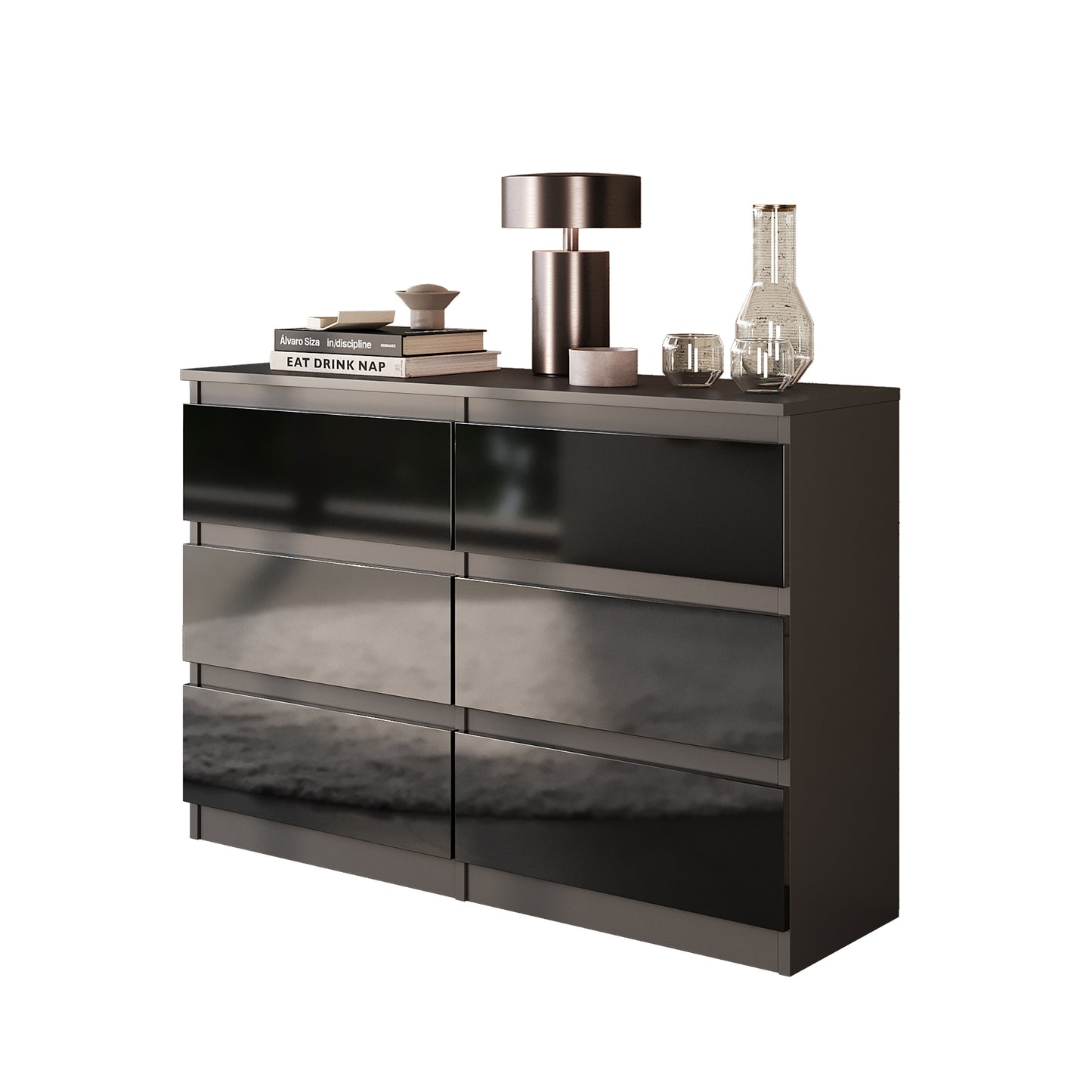 GABRIEL - Commode 6 Tiroirs - Buffet de Chevet - H71 cm L100 cm P33 cm (Anthracite / Noir Brillant)