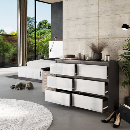GABRIEL - Commode 6 Tiroirs - Buffet de Chevet - H71 cm L100 cm P33 cm (Anthracite / Blanc Brillant)