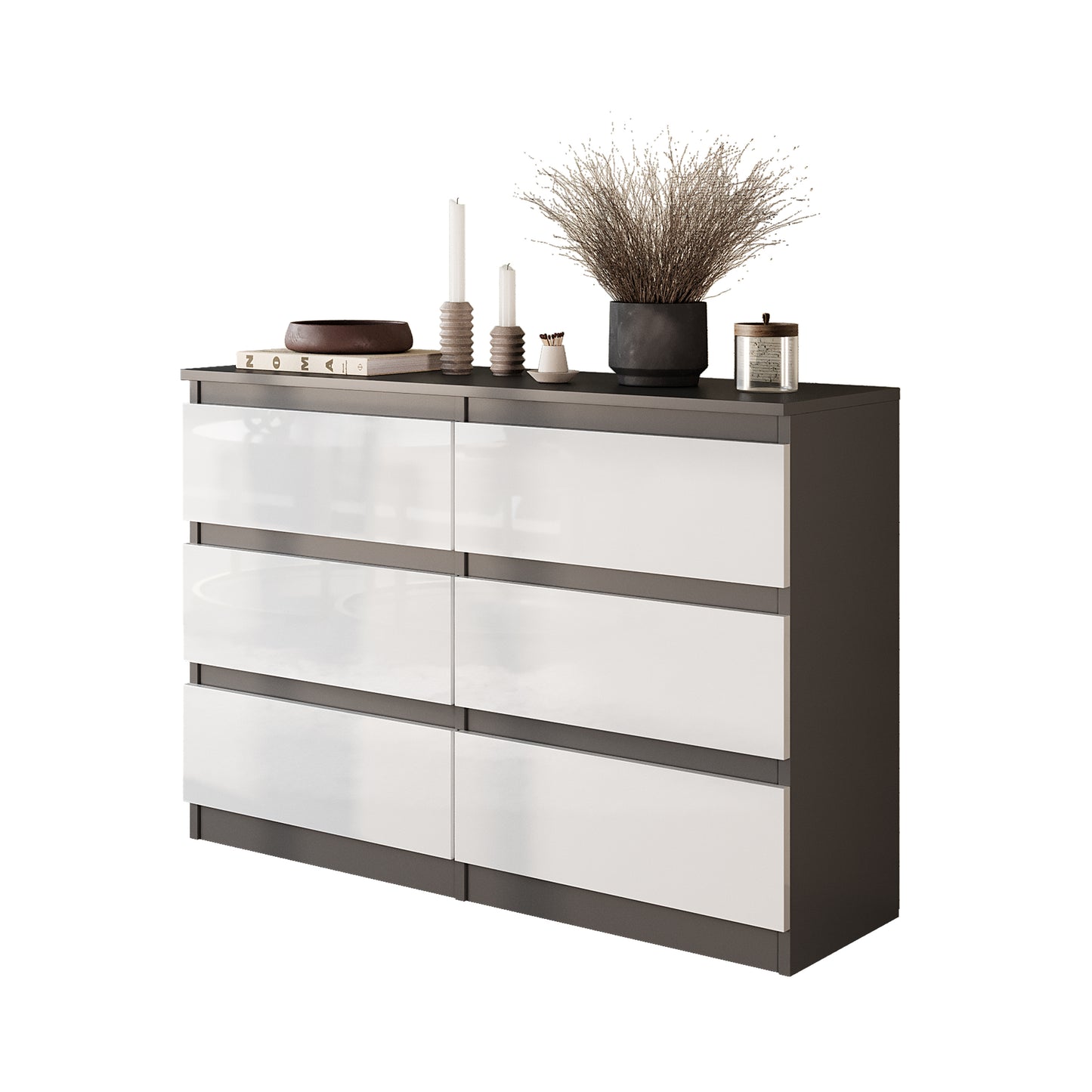 GABRIEL - Commode 6 Tiroirs - Buffet de Chevet - H71 cm L100 cm P33 cm (Anthracite / Blanc Brillant)