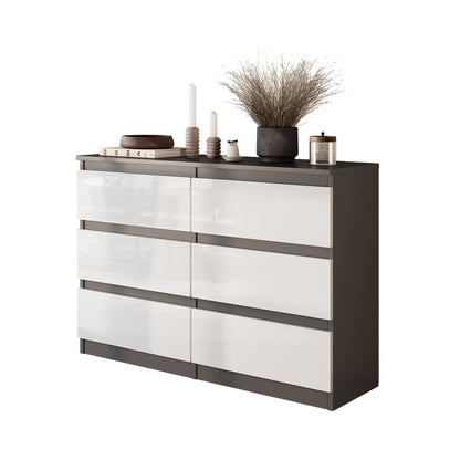 GABRIEL - Commode 6 Tiroirs - Buffet de Chevet - H71 cm L100 cm P33 cm (Anthracite / Blanc Brillant)