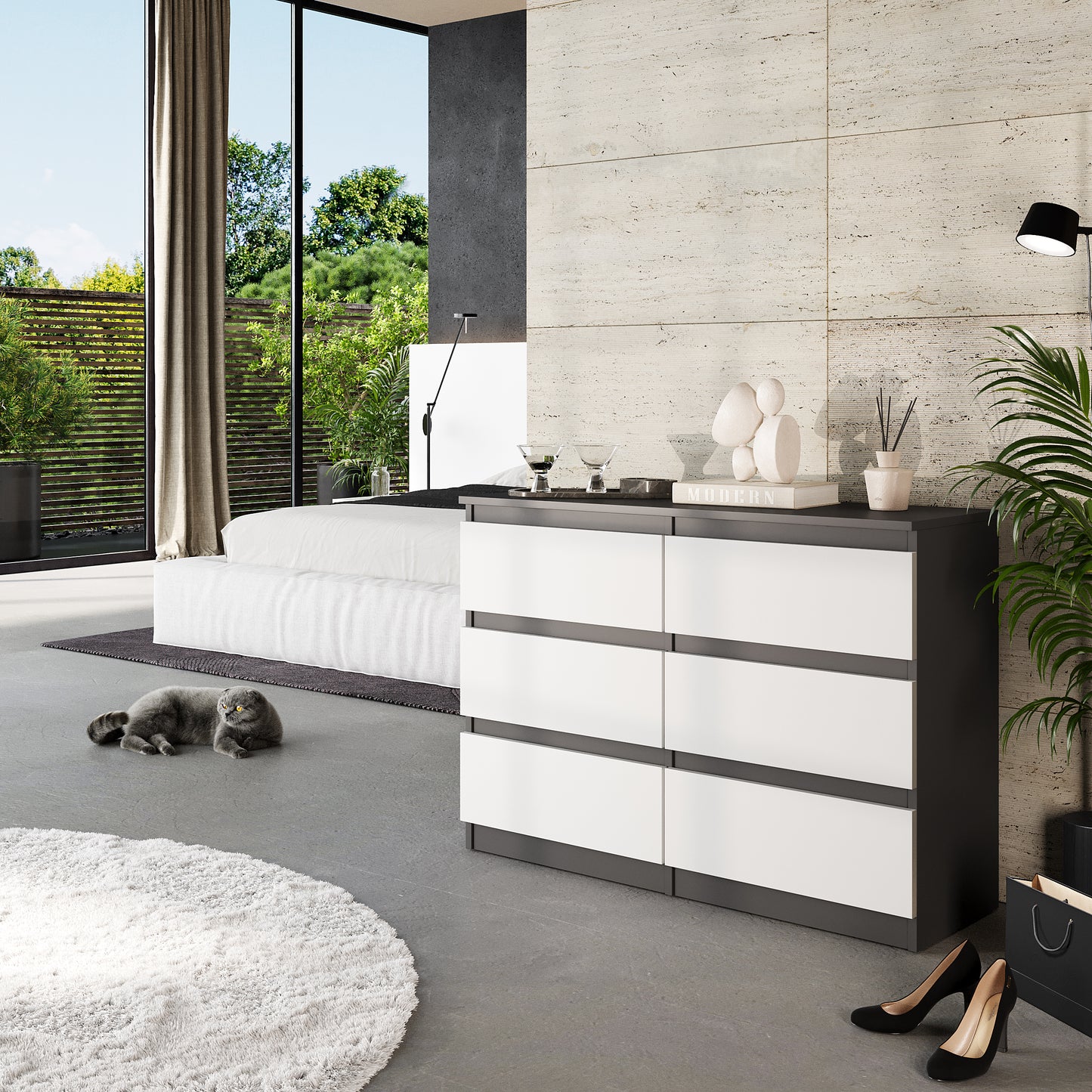 GABRIEL - Commode 6 Tiroirs - Buffet de Chevet - H71 cm L100 cm P33 cm (Anthracite / Blanc Matt)