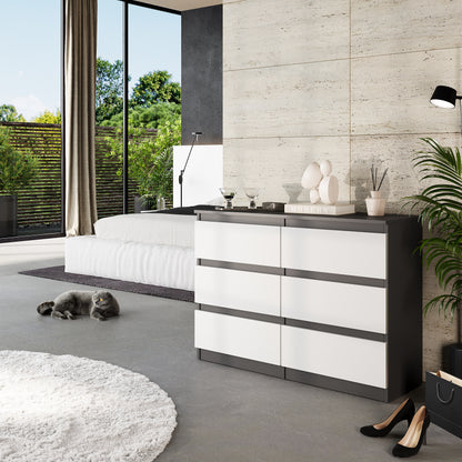 GABRIEL - Commode 6 Tiroirs - Buffet de Chevet - H71 cm L100 cm P33 cm (Anthracite / Blanc Matt)